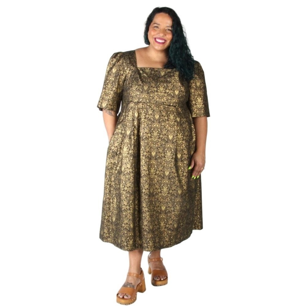 Birds of North America Midi Dress Gold‎ Black Brocade Puff Sleeve Womens Size 2X